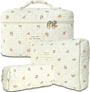 3Pcs Cotton Quilted Makeup Bag Large Travel Cosmetic Bag Coquette Makeup Pouch Cute Aesthetic Floral Toiletry Bag for Women Girls