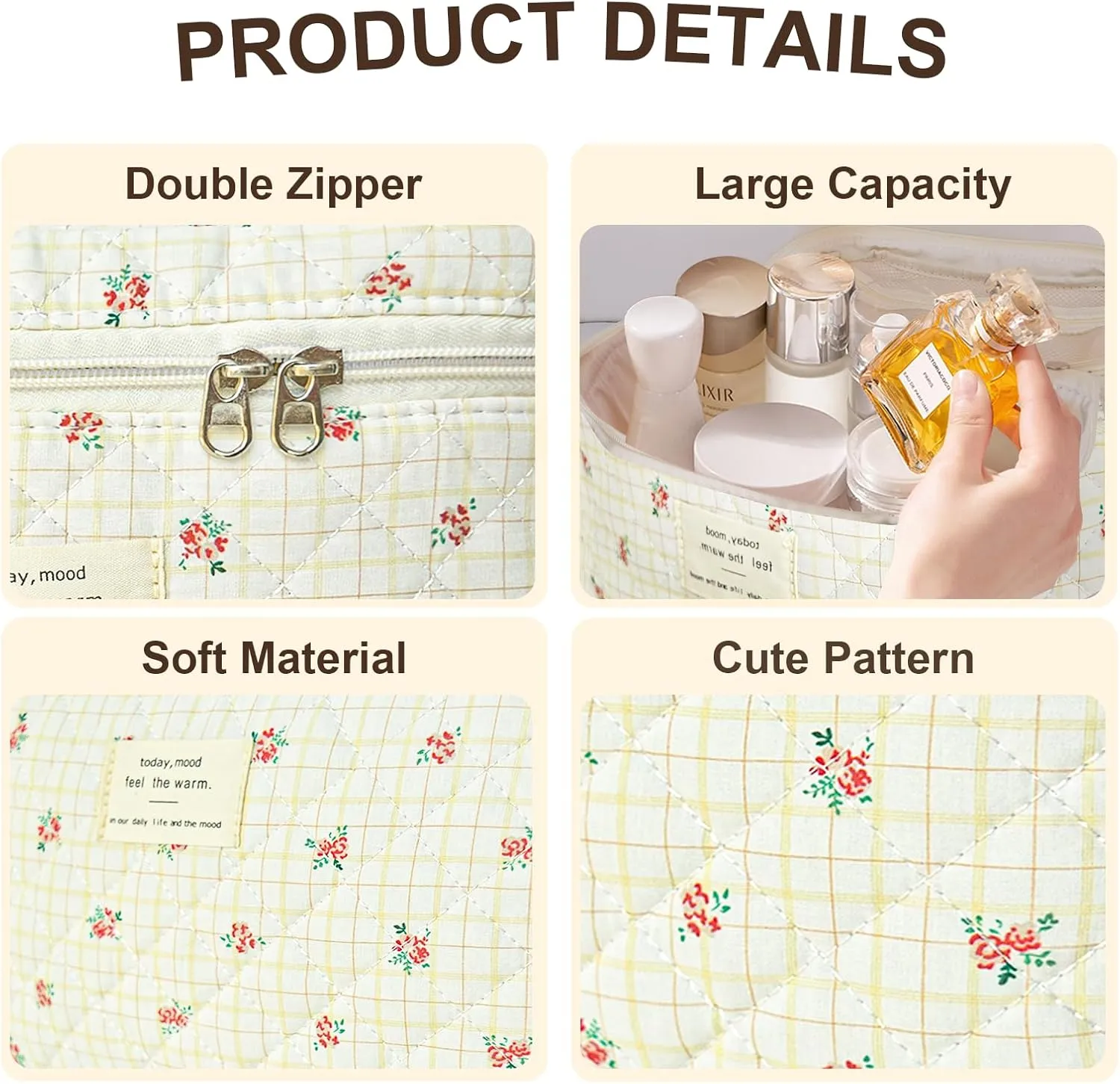3Pcs Cotton Quilted Makeup Bag Large Travel Cosmetic Bag Coquette Makeup Pouch Cute Aesthetic Floral Toiletry Bag for Women Girls