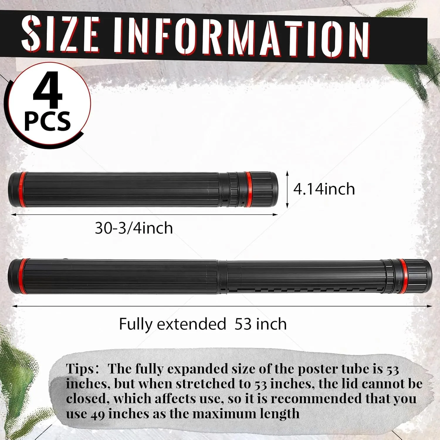 4 Pcs Extendable Poster Tube with Strap 30'' to 49'' Telescoping A0 Expandable Blueprint Tube Portable Container for Posters, Blueprints, Artwork, Map Storage(Classic Standard Style)