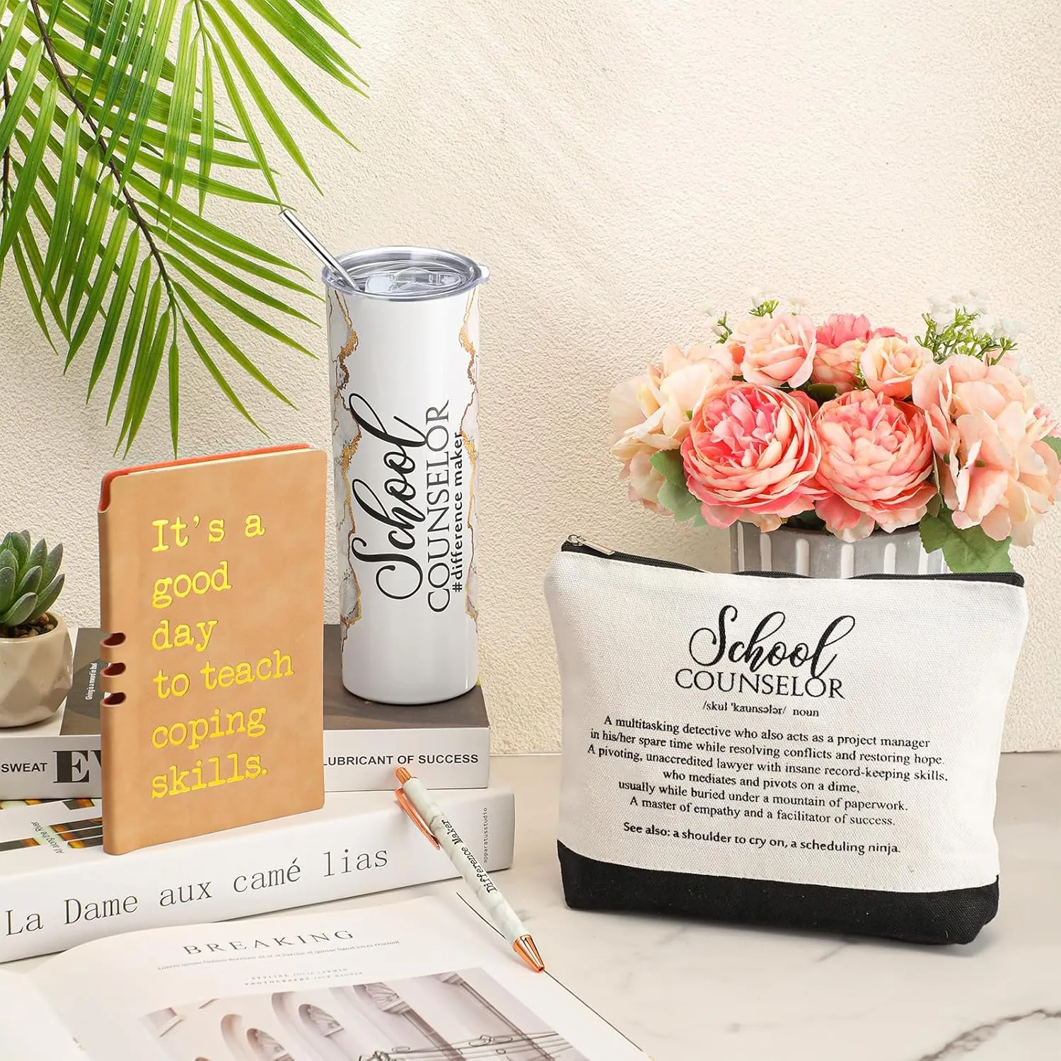 4 Pcs School Counselor Gifts Include 20oz Stainless Steel Tumbler Appreciation Makeup Bag Leather Notebook Thank You Pens End of School Gift for Educator Teacher(Silver White)