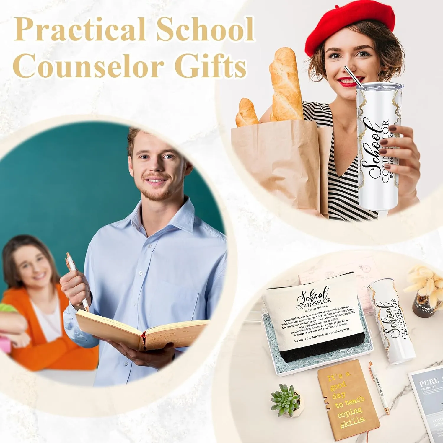 4 Pcs School Counselor Gifts Include 20oz Stainless Steel Tumbler Appreciation Makeup Bag Leather Notebook Thank You Pens End of School Gift for Educator Teacher(Silver White)