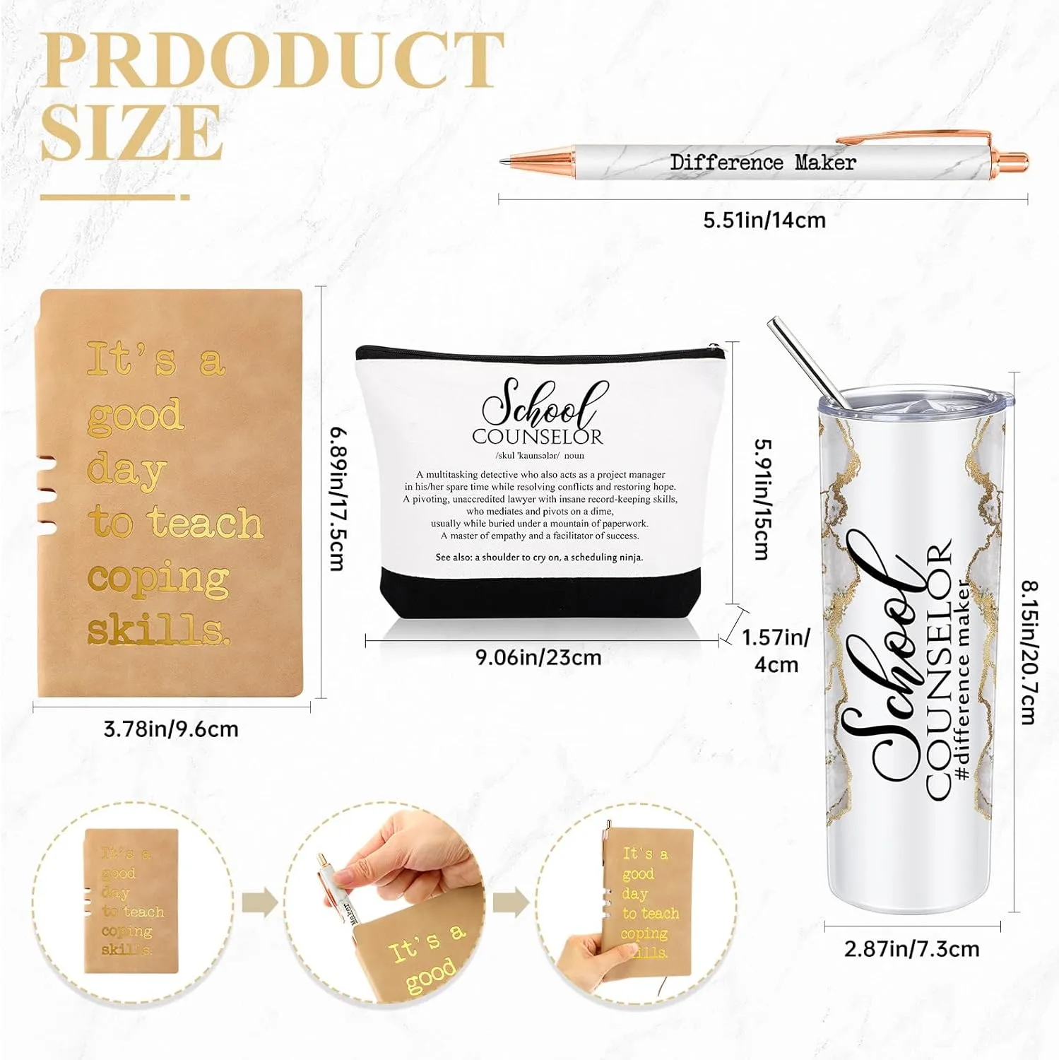 4 Pcs School Counselor Gifts Include 20oz Stainless Steel Tumbler Appreciation Makeup Bag Leather Notebook Thank You Pens End of School Gift for Educator Teacher(Silver White)