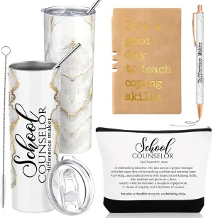 4 Pcs School Counselor Gifts Include 20oz Stainless Steel Tumbler Appreciation Makeup Bag Leather Notebook Thank You Pens End of School Gift for Educator Teacher(Silver White)