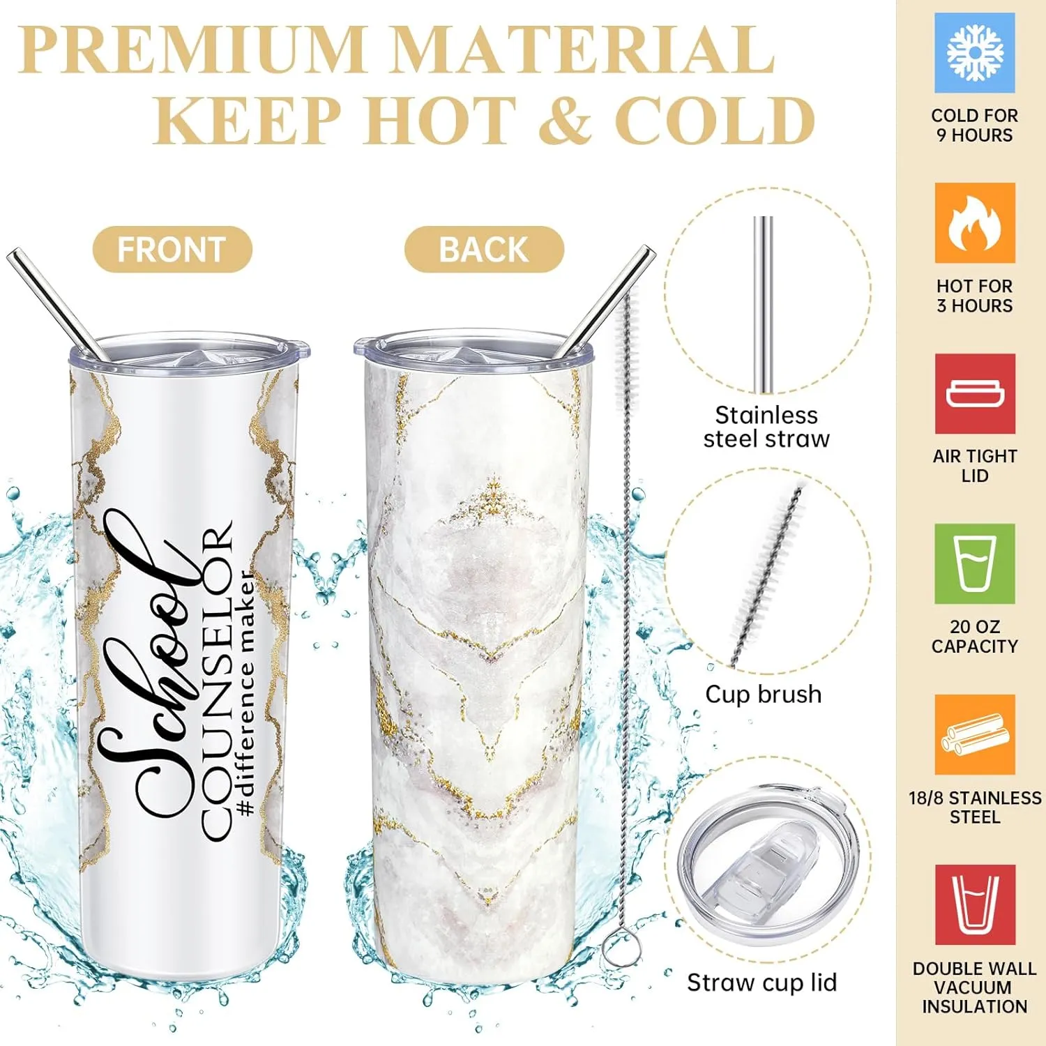 4 Pcs School Counselor Gifts Include 20oz Stainless Steel Tumbler Appreciation Makeup Bag Leather Notebook Thank You Pens End of School Gift for Educator Teacher(Silver White)