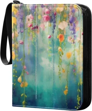 4 Pocket Card Binder with 50 Removable Sleeves Art Flower Painting Trading Card Binder Collector Card Album for 400 Game Sports Cards