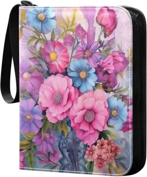 4 Pocket Card Binder with 50 Removable Sleeves Blooming Flowers Painting Trading Card Binder Collector Card Album for 400 Game Sports Cards