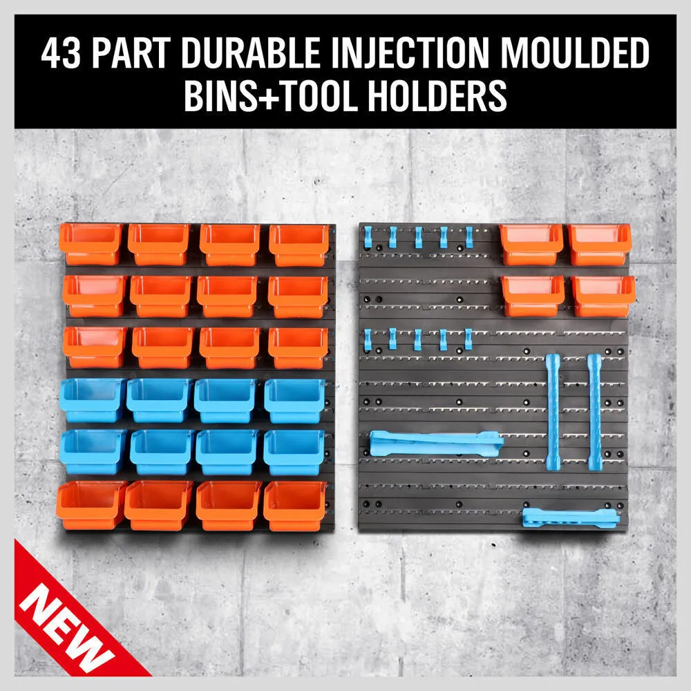 43Pc Wall Mounted Storage Rack | Bins, Tool Holders, Peg Boards | Garage & Workshop Organizer