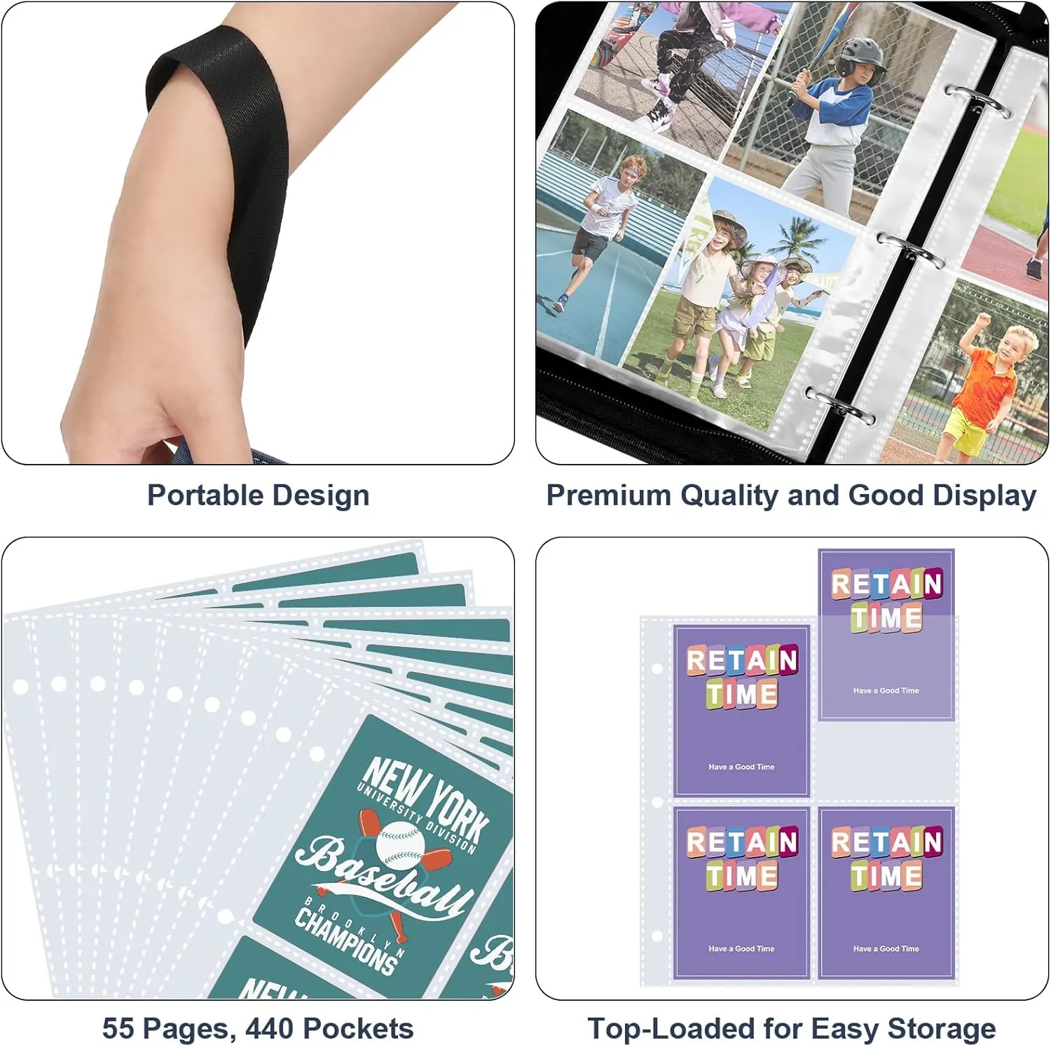 440 Pockets Trading Card Binder, PU Cover Zipper Card Collection Album, Sturdy Card Folder Holder for MTG, TCG, Game Cards, Sports Cards