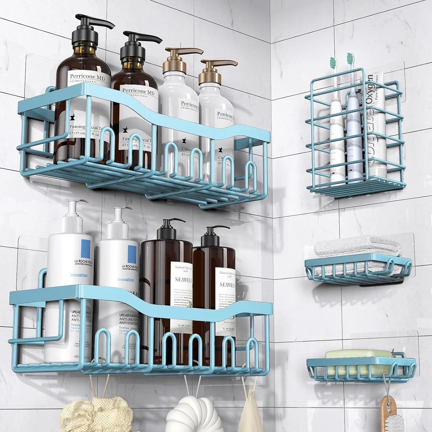 5-Pack Rustproof Stainless Steel Shower Caddy – No Drill Adhesive Bathroom Organizer with Large Capacity, Spacious Shower Shelves for Inside Shower, Kitchen & Home Decor Storage