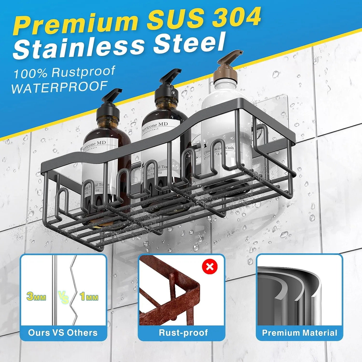 5-Pack Rustproof Stainless Steel Shower Caddy – No Drill Adhesive Bathroom Organizer with Large Capacity, Spacious Shower Shelves for Inside Shower, Kitchen & Home Decor Storage