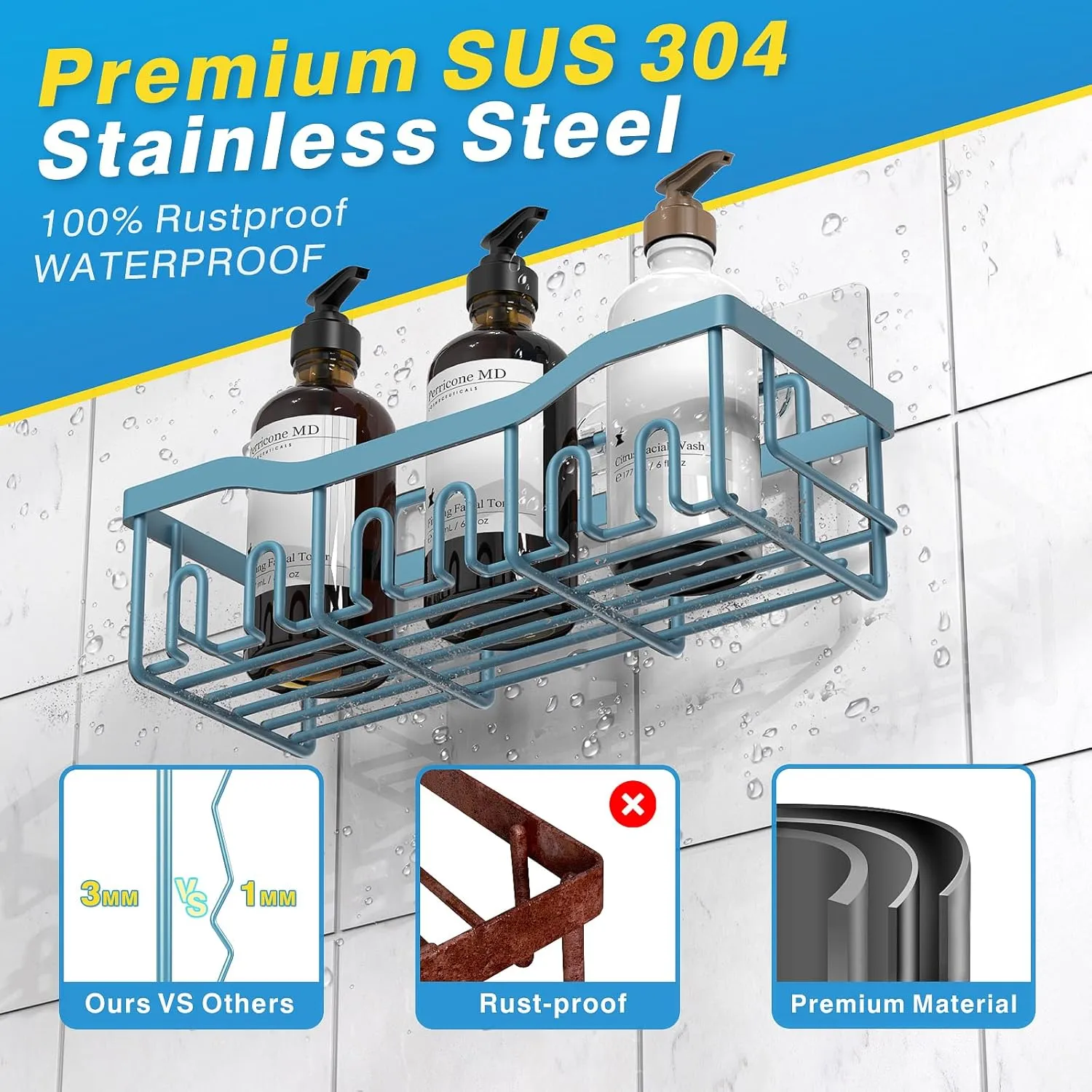 5-Pack Rustproof Stainless Steel Shower Caddy – No Drill Adhesive Bathroom Organizer with Large Capacity, Spacious Shower Shelves for Inside Shower, Kitchen & Home Decor Storage
