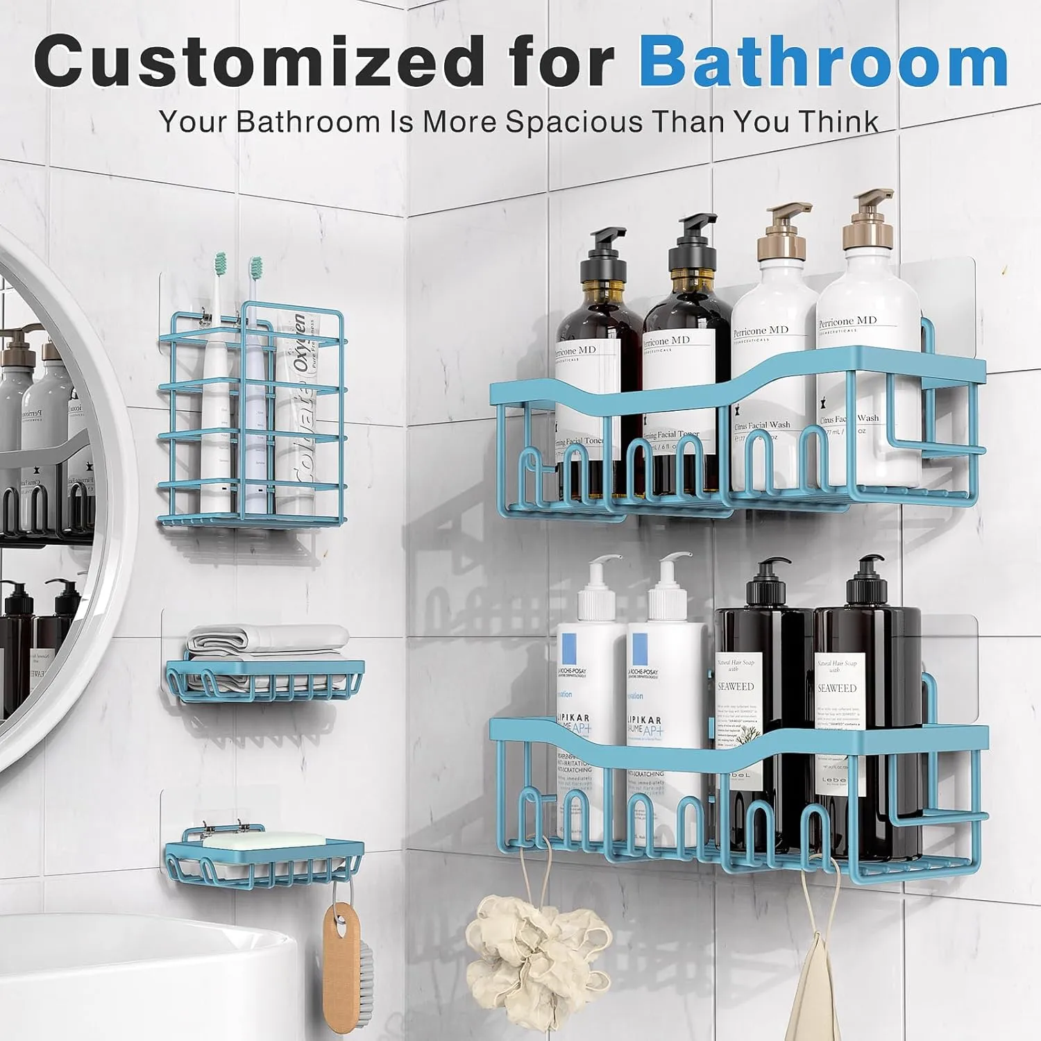 5-Pack Rustproof Stainless Steel Shower Caddy – No Drill Adhesive Bathroom Organizer with Large Capacity, Spacious Shower Shelves for Inside Shower, Kitchen & Home Decor Storage
