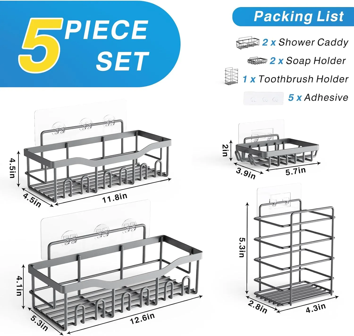 5-Pack Rustproof Stainless Steel Shower Caddy – No Drill Adhesive Bathroom Organizer with Large Capacity, Spacious Shower Shelves for Inside Shower, Kitchen & Home Decor Storage