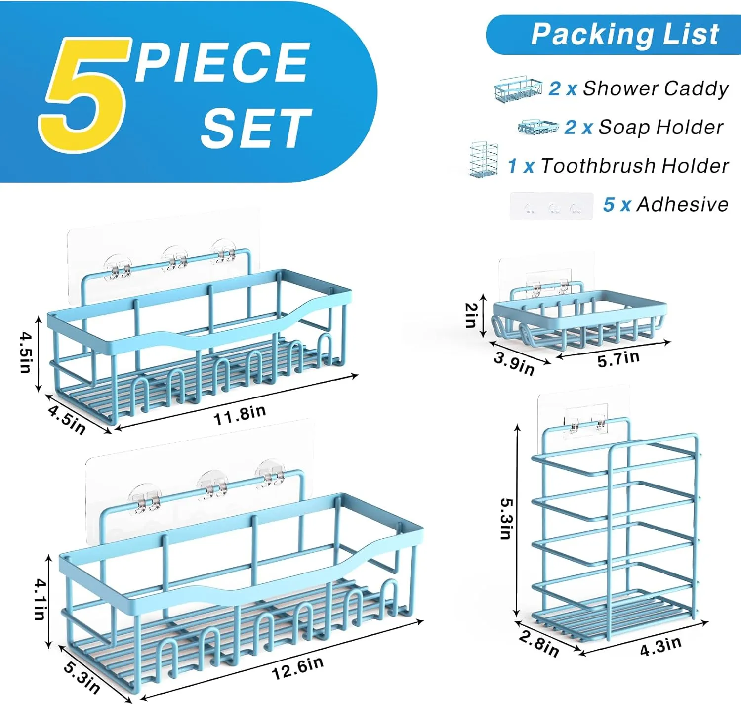 5-Pack Rustproof Stainless Steel Shower Caddy – No Drill Adhesive Bathroom Organizer with Large Capacity, Spacious Shower Shelves for Inside Shower, Kitchen & Home Decor Storage
