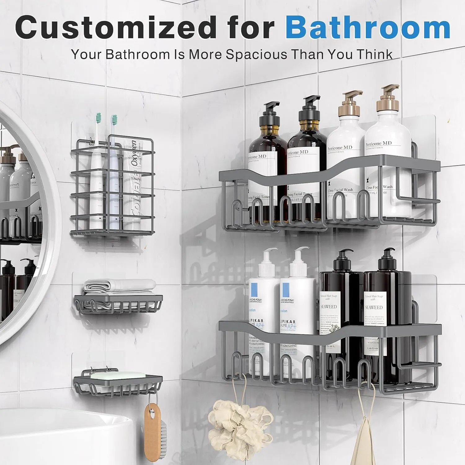 5-Pack Rustproof Stainless Steel Shower Caddy – No Drill Adhesive Bathroom Organizer with Large Capacity, Spacious Shower Shelves for Inside Shower, Kitchen & Home Decor Storage