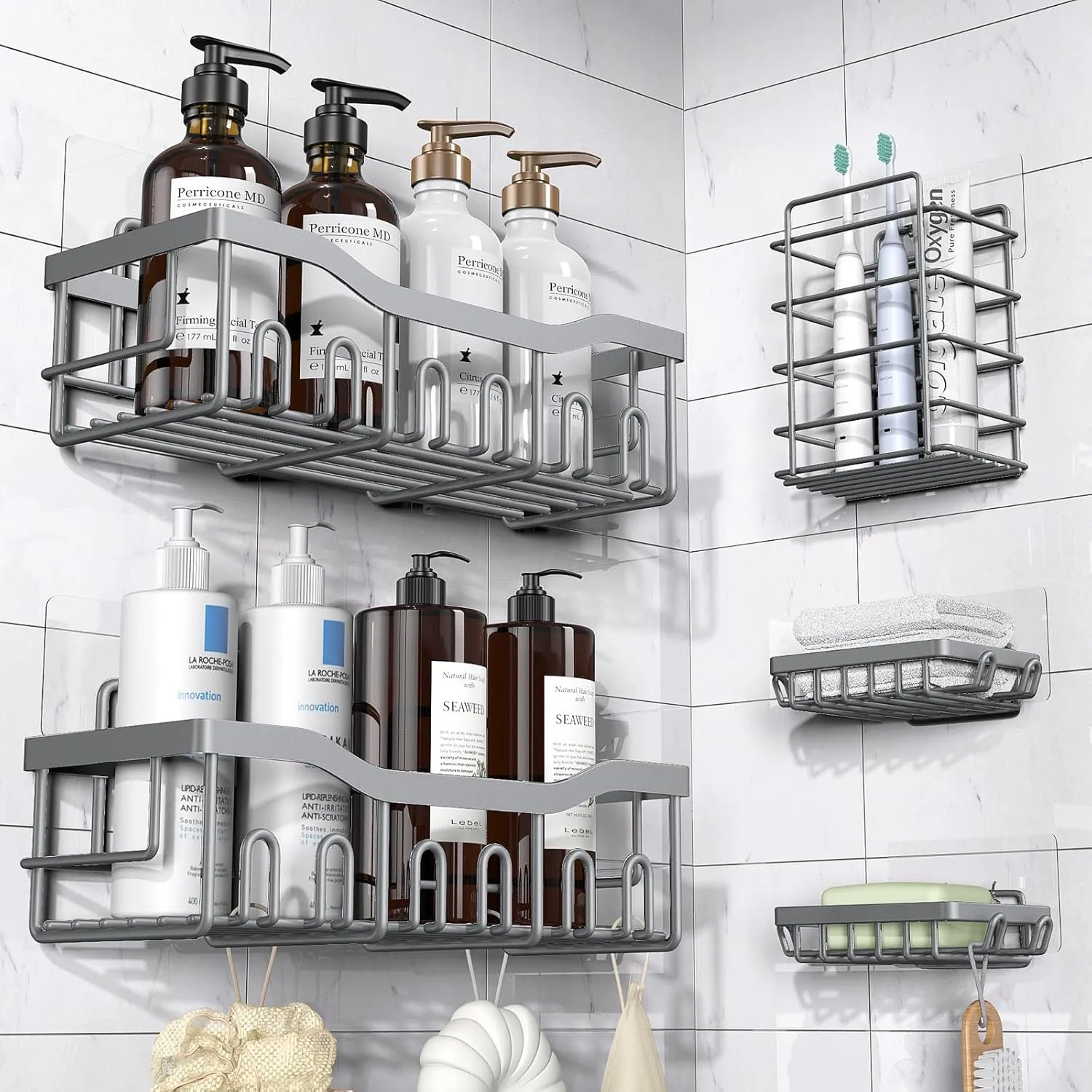 5-Pack Rustproof Stainless Steel Shower Caddy – No Drill Adhesive Bathroom Organizer with Large Capacity, Spacious Shower Shelves for Inside Shower, Kitchen & Home Decor Storage