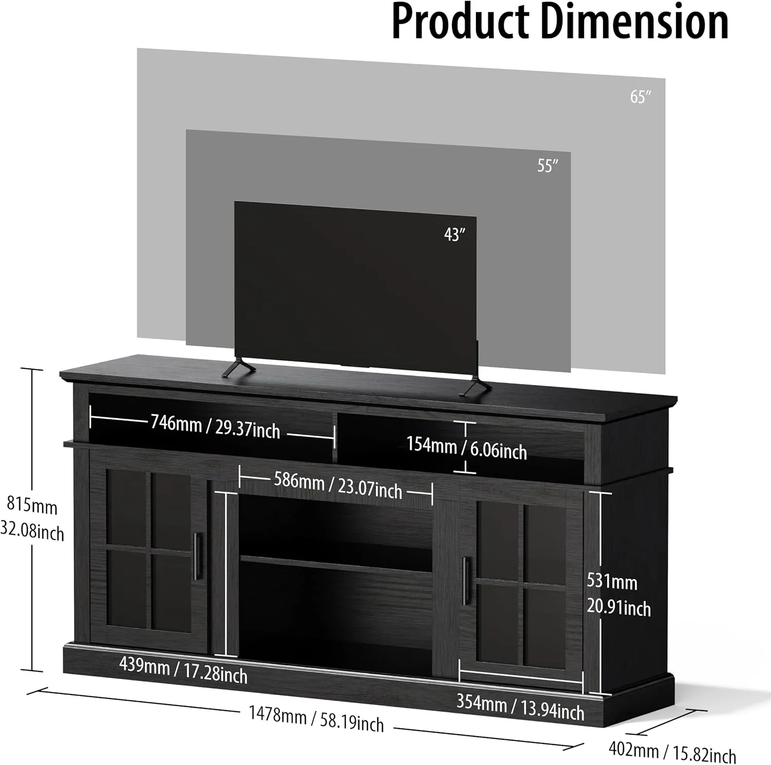 58'' TV Stand, Entertainment Center Media Console Table for Living Room, Wood TV Stand with Glass Door and Open Shelf Cabinet for TVs 50-65 inches (Black Oak, TV Stand with Cabinet)