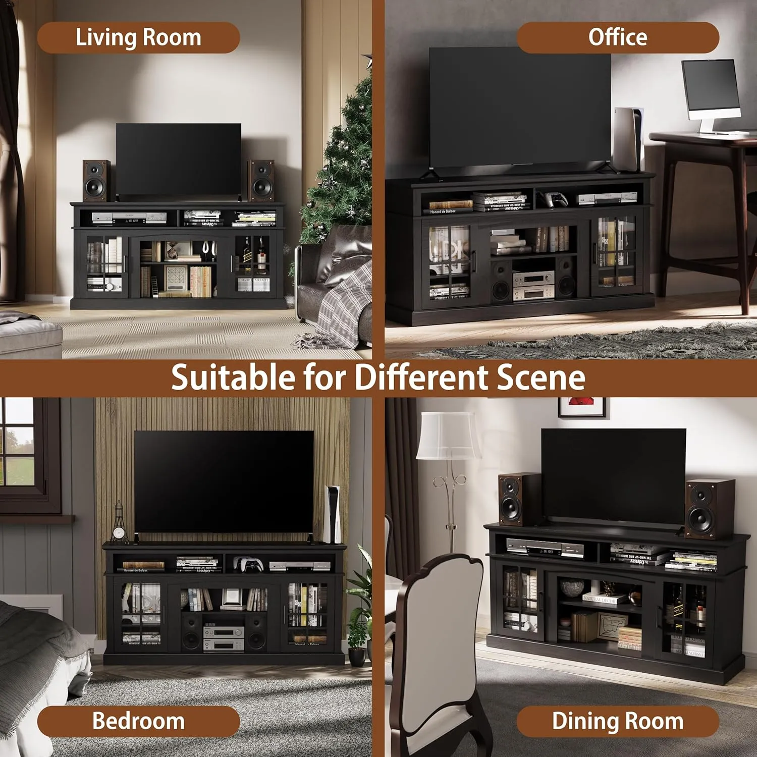 58'' TV Stand, Entertainment Center Media Console Table for Living Room, Wood TV Stand with Glass Door and Open Shelf Cabinet for TVs 50-65 inches (Black Oak, TV Stand with Cabinet)