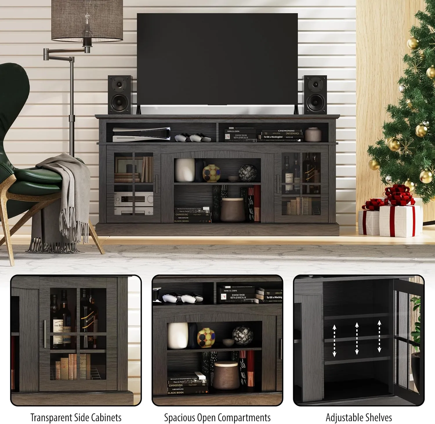 58'' TV Stand, Entertainment Center Media Console Table for Living Room, Wood TV Stand with Glass Door and Open Shelf Cabinet for TVs 50-65 inches (Black Oak, TV Stand with Cabinet)