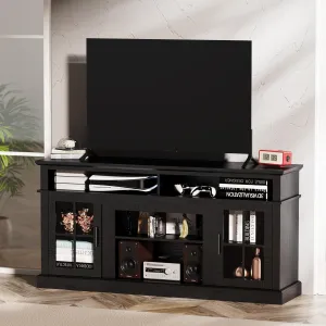 58'' TV Stand, Entertainment Center Media Console Table for Living Room, Wood TV Stand with Glass Door and Open Shelf Cabinet for TVs 50-65 inches (Black Oak, TV Stand with Cabinet)