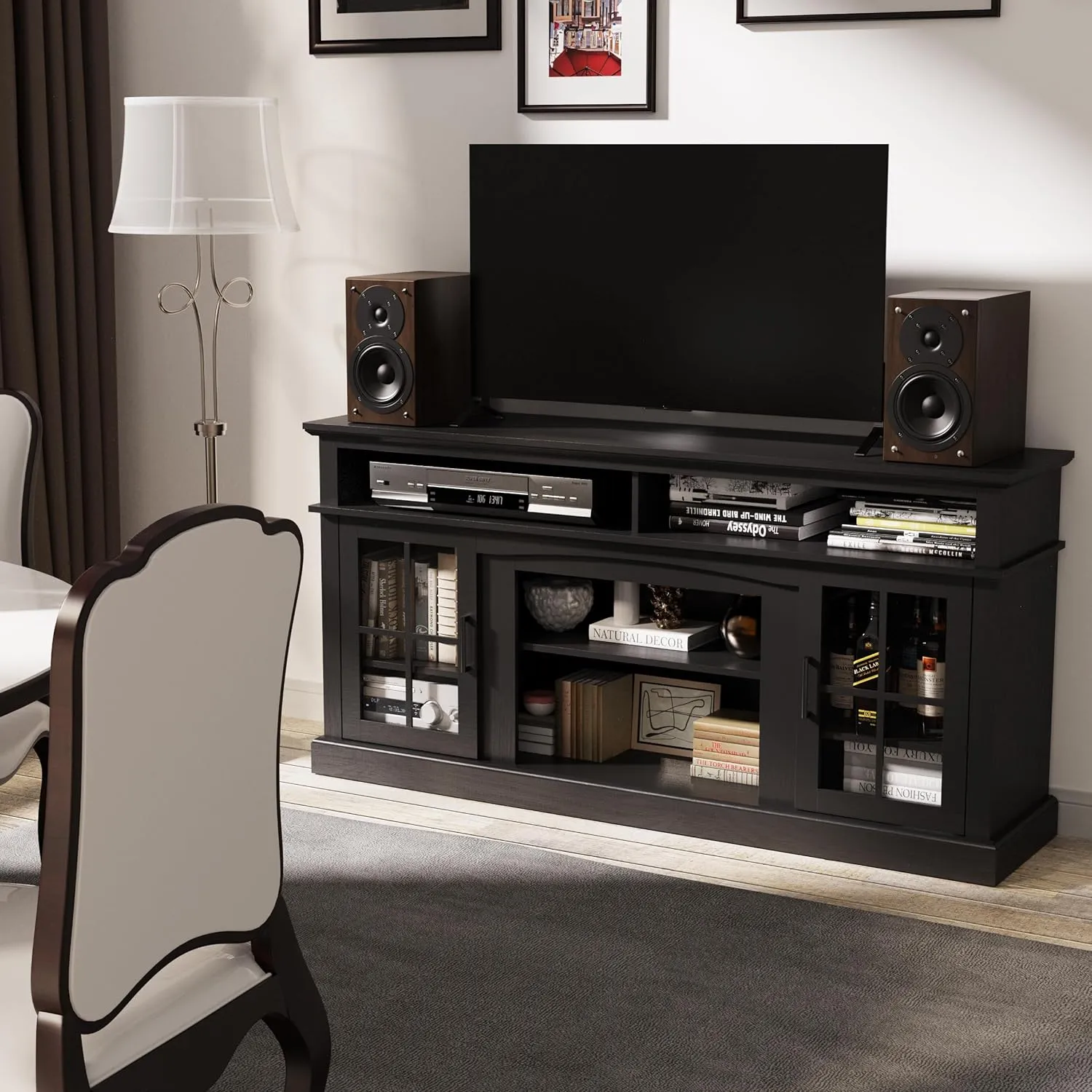 58'' TV Stand, Entertainment Center Media Console Table for Living Room, Wood TV Stand with Glass Door and Open Shelf Cabinet for TVs 50-65 inches (Black Oak, TV Stand with Cabinet)