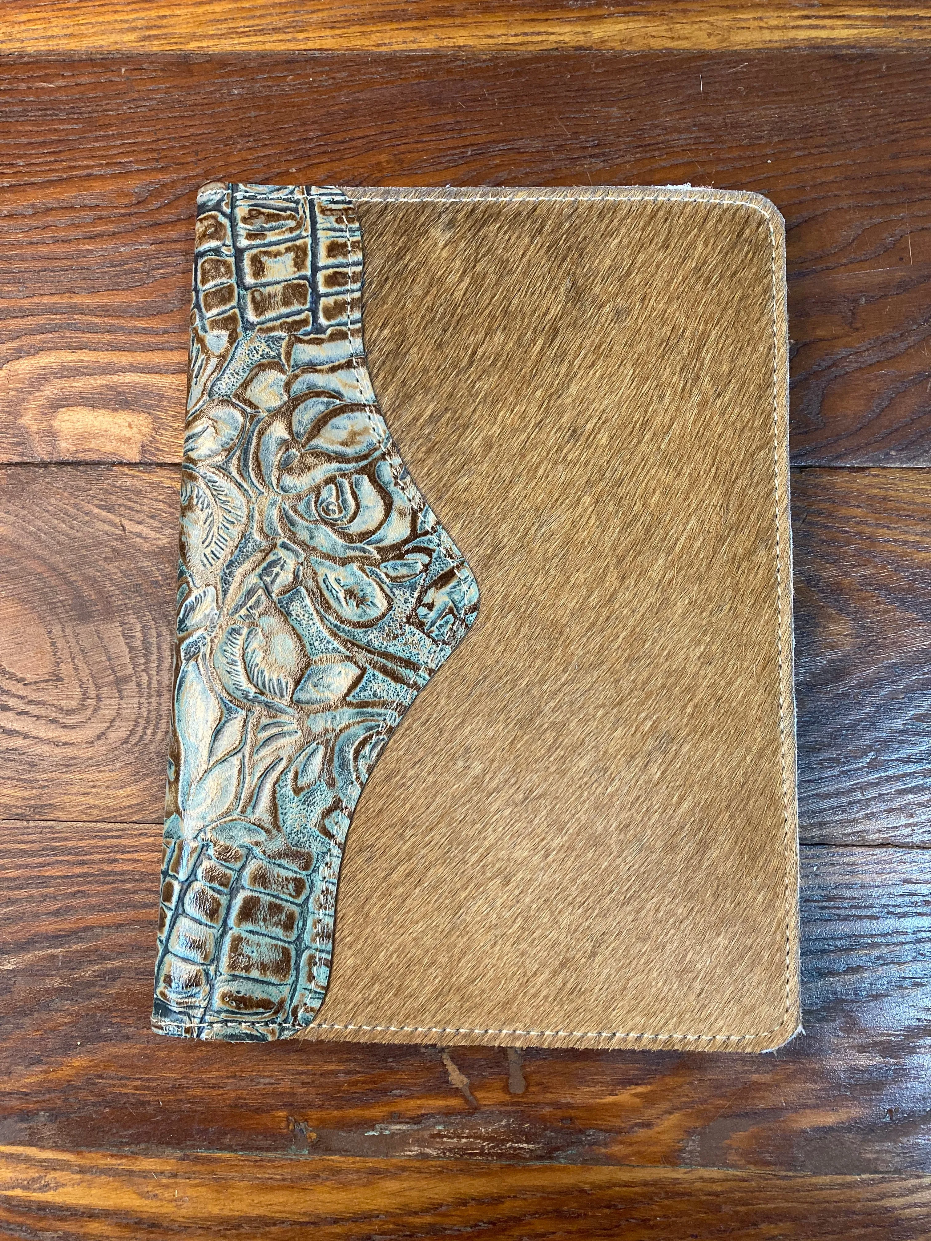 5" x 7" Brown Cowhide with Turquoise and Brown Rose Embossed Leather Notebook