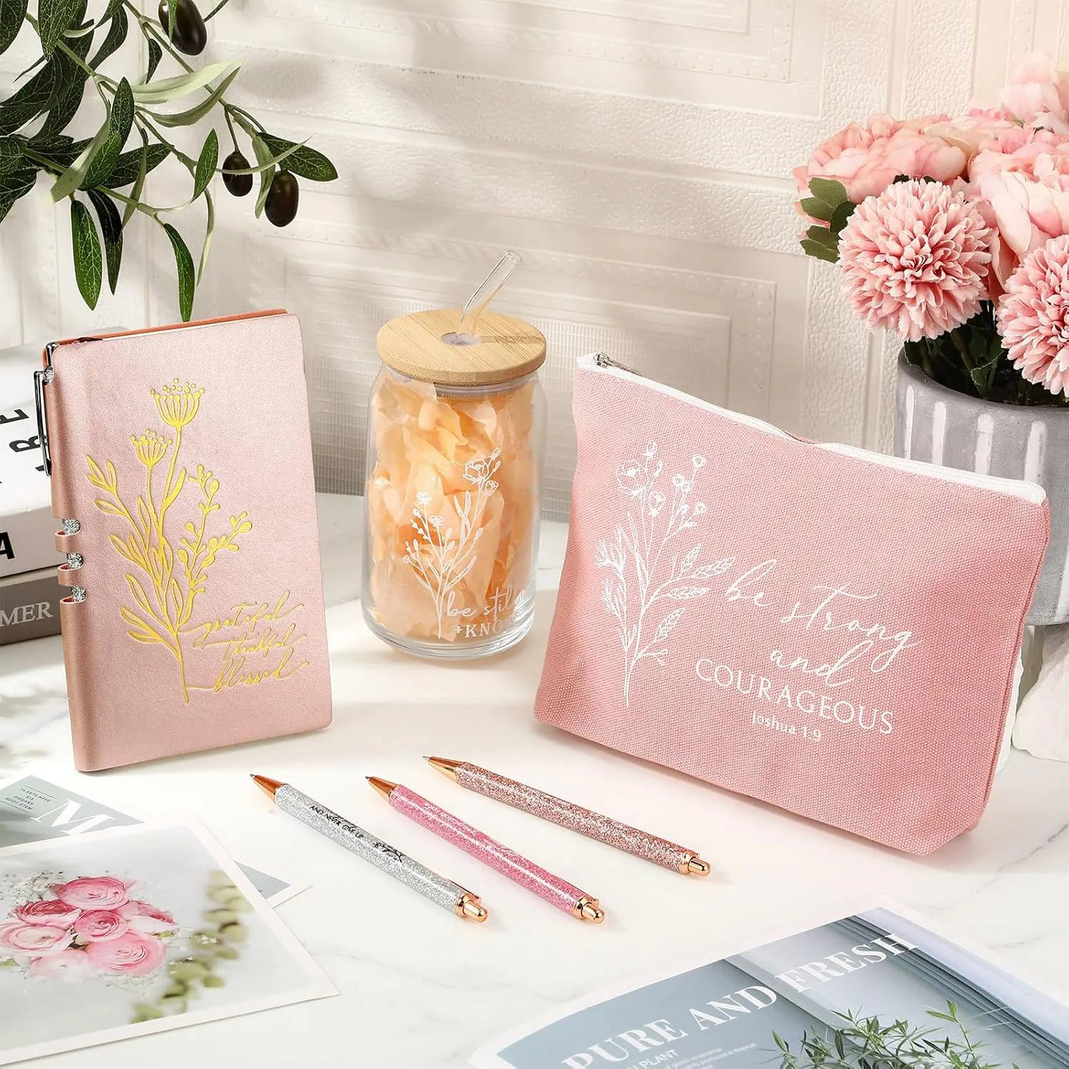 6 Pcs Christian Gift for Women Faith Be Still and Know 16 oz Tumbler Aesthetic A6 Leather Religious Journal Ballpoint Pen Makeup Bag for Sunday School Godmother
