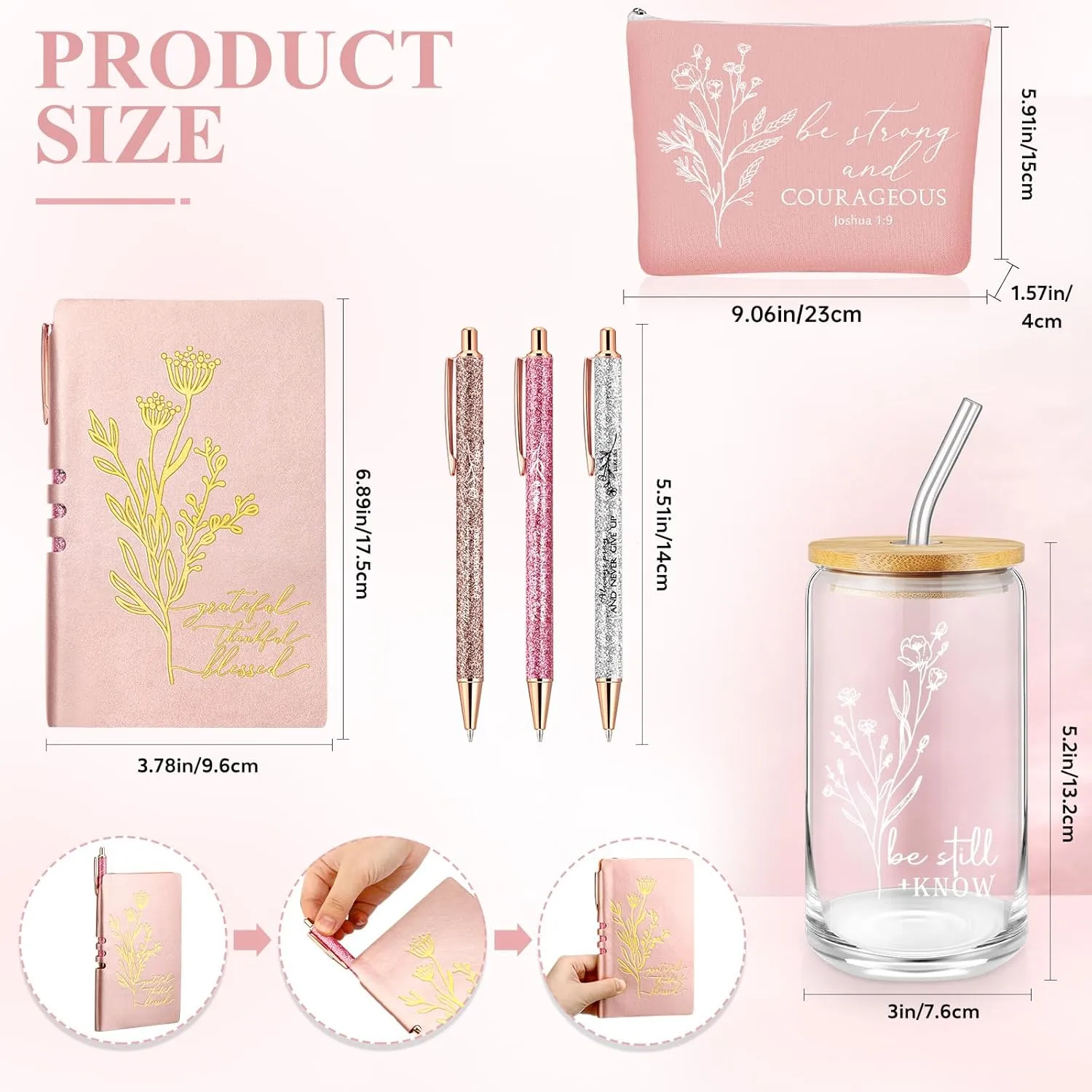 6 Pcs Christian Gift for Women Faith Be Still and Know 16 oz Tumbler Aesthetic A6 Leather Religious Journal Ballpoint Pen Makeup Bag for Sunday School Godmother