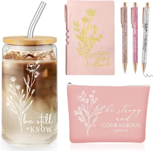 6 Pcs Christian Gift for Women Faith Be Still and Know 16 oz Tumbler Aesthetic A6 Leather Religious Journal Ballpoint Pen Makeup Bag for Sunday School Godmother
