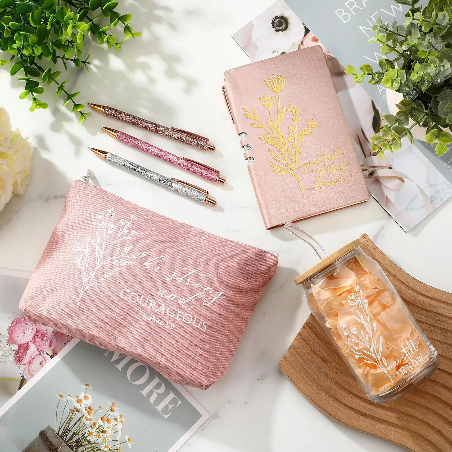 6 Pcs Christian Gift for Women Faith Be Still and Know 16 oz Tumbler Aesthetic A6 Leather Religious Journal Ballpoint Pen Makeup Bag for Sunday School Godmother