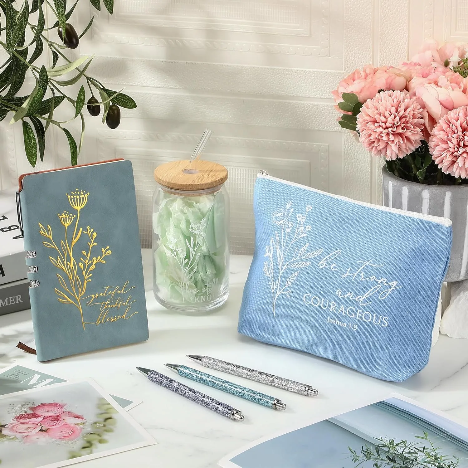 6 Pcs Christian Gift for Women Faith Be Still and Know 16 oz Tumbler Aesthetic Cup A6 Leather Religious Journal Ballpoint Pen Makeup Bag for Sunday School Godmother