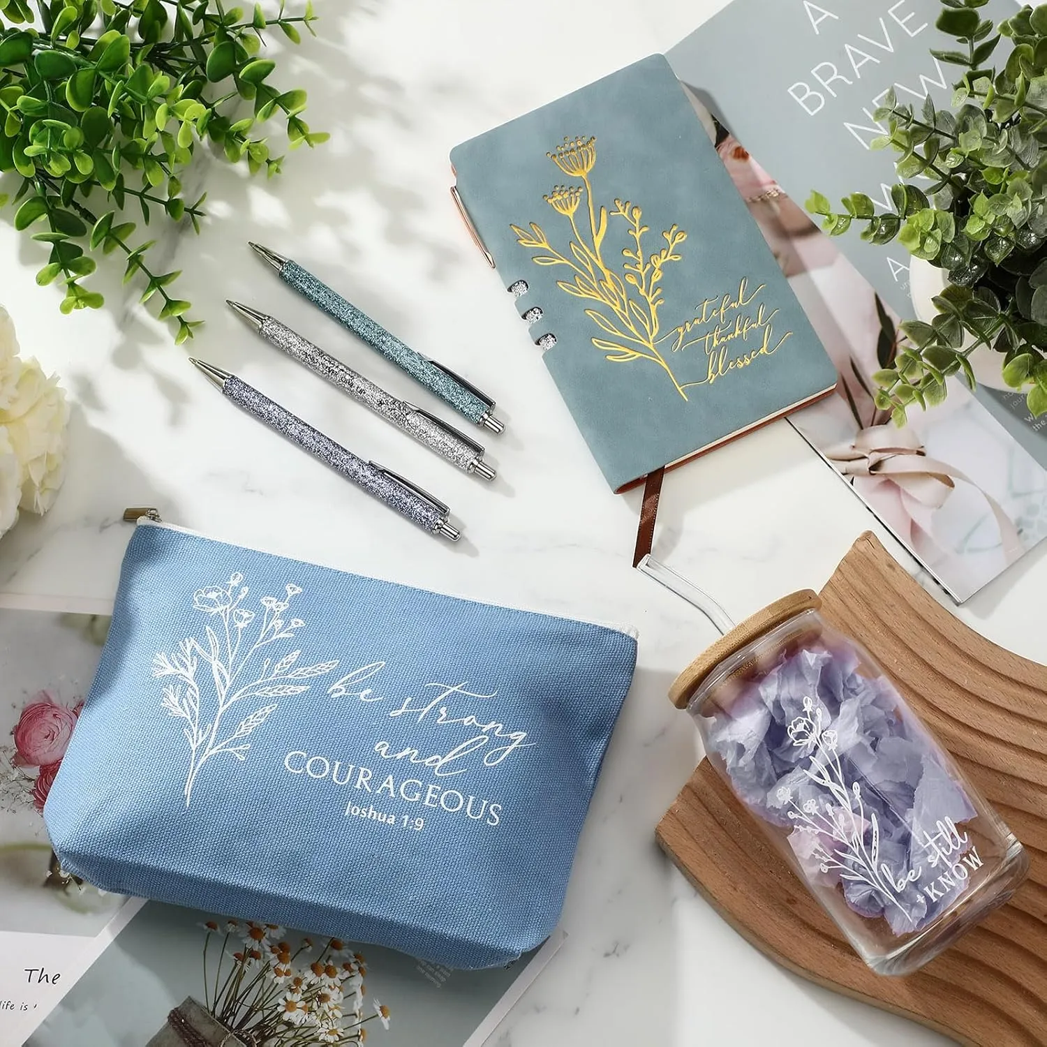 6 Pcs Christian Gift for Women Faith Be Still and Know 16 oz Tumbler Aesthetic Cup A6 Leather Religious Journal Ballpoint Pen Makeup Bag for Sunday School Godmother
