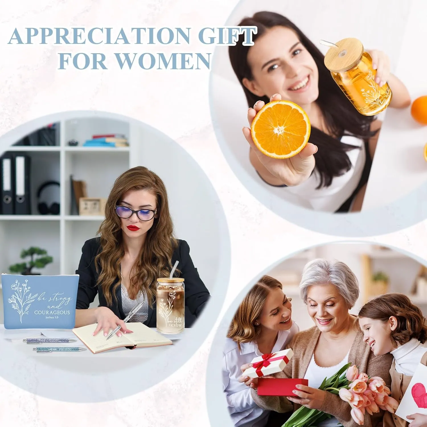 6 Pcs Christian Gift for Women Faith Be Still and Know 16 oz Tumbler Aesthetic Cup A6 Leather Religious Journal Ballpoint Pen Makeup Bag for Sunday School Godmother