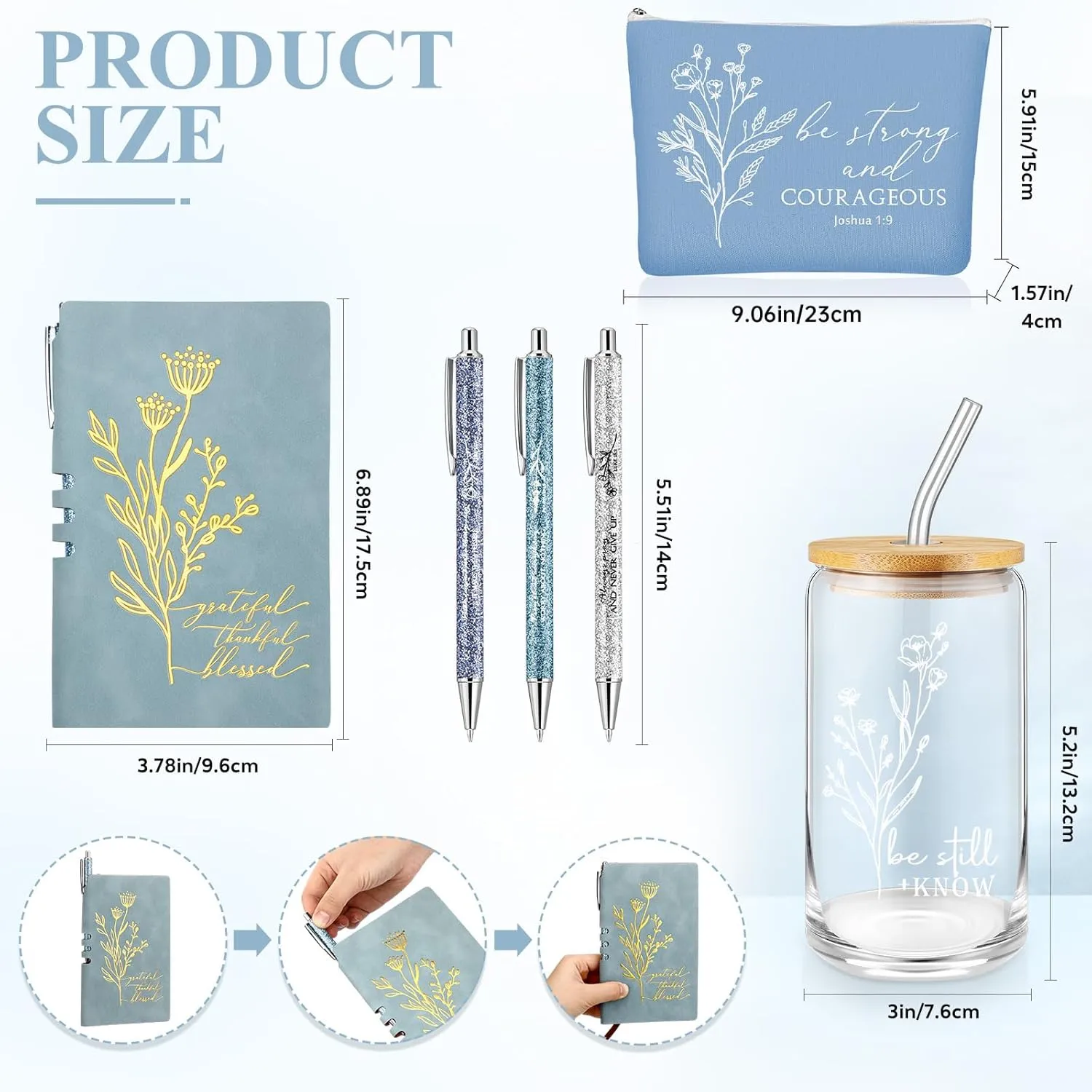 6 Pcs Christian Gift for Women Faith Be Still and Know 16 oz Tumbler Aesthetic Cup A6 Leather Religious Journal Ballpoint Pen Makeup Bag for Sunday School Godmother