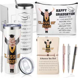 6 Pcs Class of 2025 Graduation Gifts for Her Girls Daughter Senior 2025 High School College PhD Masters Degree Graduation Gifts for Women 20 oz Graduation Cup Makeup Bag Leather Journal Ballpoint Pens