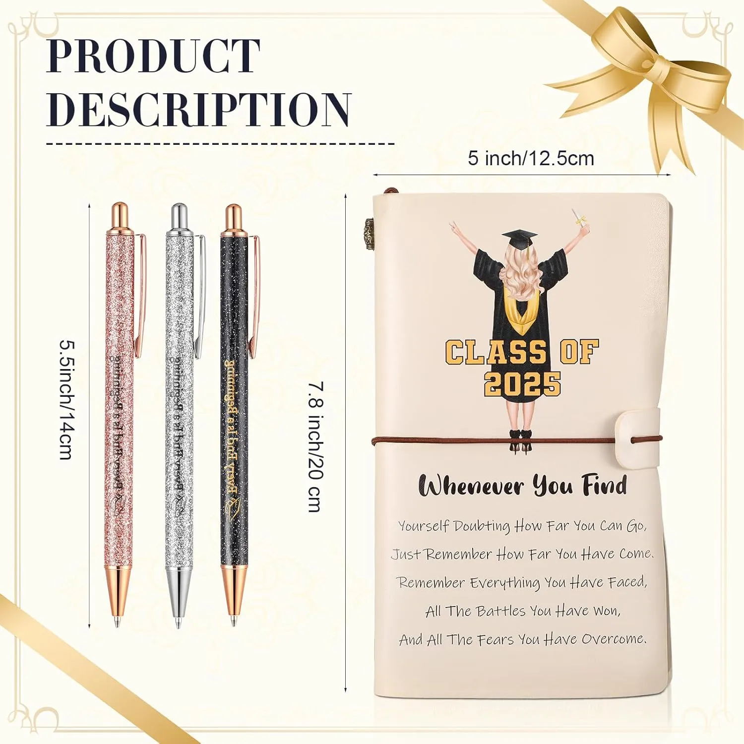 6 Pcs Class of 2025 Graduation Gifts for Her Girls Daughter Senior 2025 High School College PhD Masters Degree Graduation Gifts for Women 20 oz Graduation Cup Makeup Bag Leather Journal Ballpoint Pens