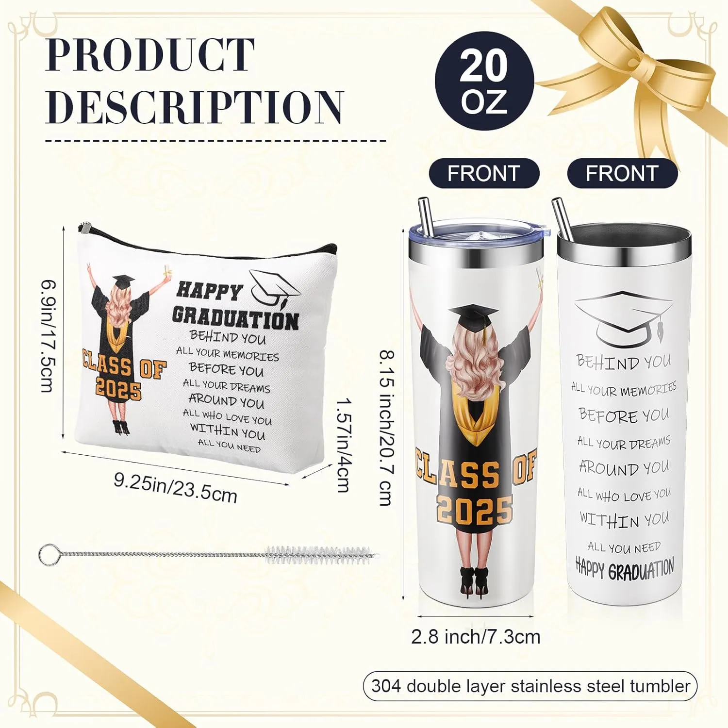 6 Pcs Class of 2025 Graduation Gifts for Her Girls Daughter Senior 2025 High School College PhD Masters Degree Graduation Gifts for Women 20 oz Graduation Cup Makeup Bag Leather Journal Ballpoint Pens