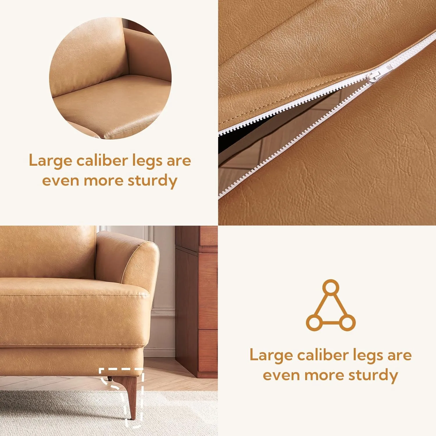 63" Faux Leather Loveseat Sofa, Mid-Century Modern Decor 2 Seater Love Seat Couches, Comfy Armrest Small Couch with Wood Grain Legs for Living Room Apartment, Tan Leather