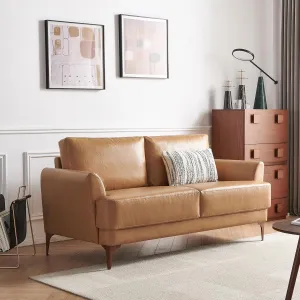 63" Faux Leather Loveseat Sofa, Mid-Century Modern Decor 2 Seater Love Seat Couches, Comfy Armrest Small Couch with Wood Grain Legs for Living Room Apartment, Tan Leather