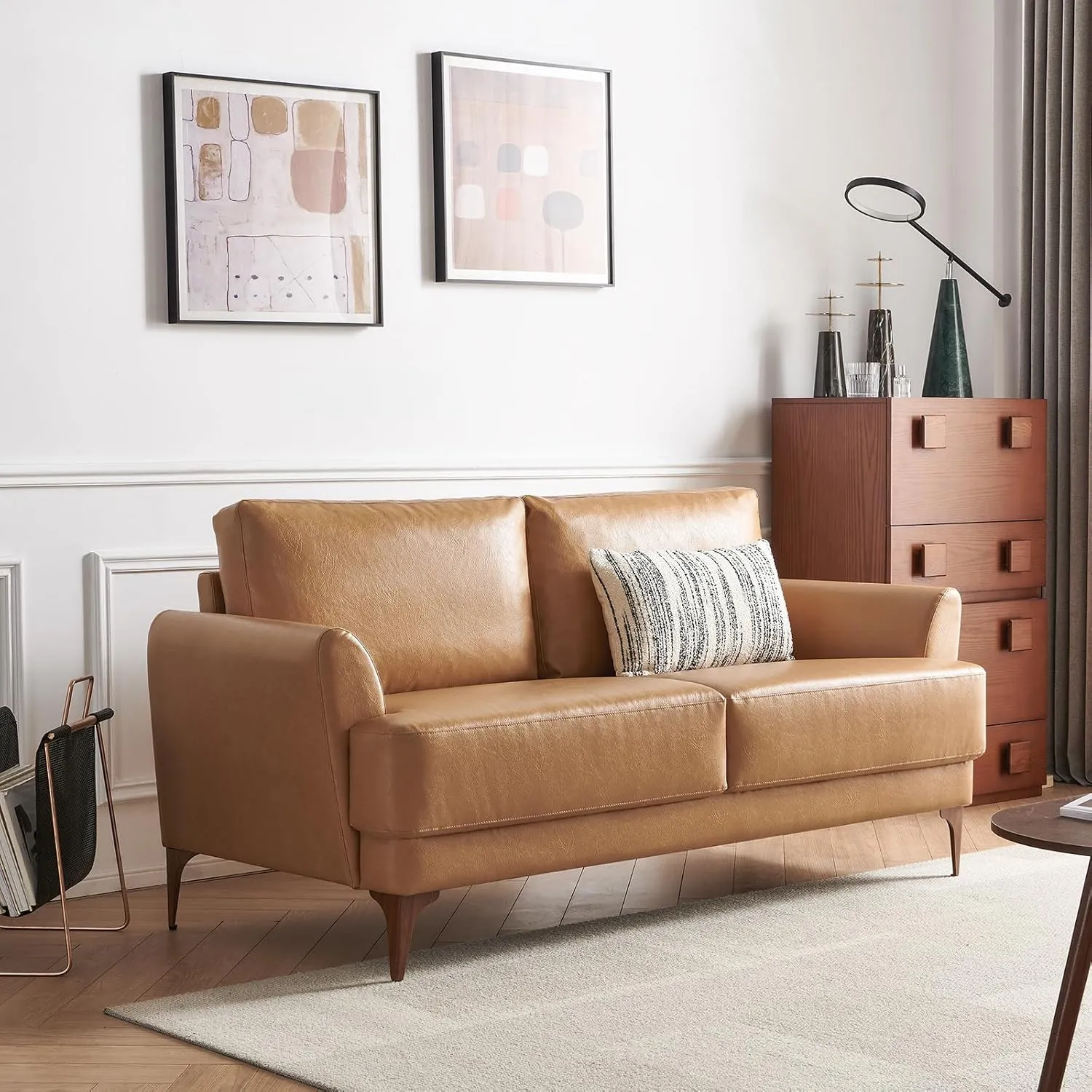 63" Faux Leather Loveseat Sofa, Mid-Century Modern Decor 2 Seater Love Seat Couches, Comfy Armrest Small Couch with Wood Grain Legs for Living Room Apartment, Tan Leather