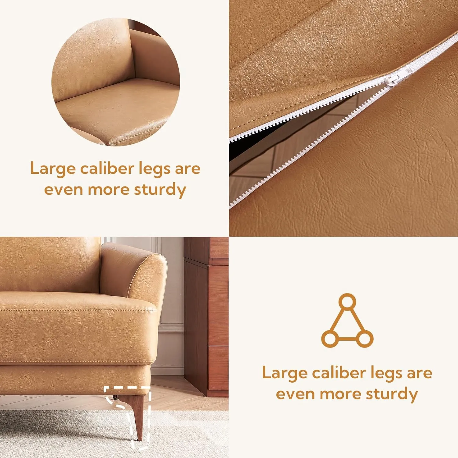 63" Faux Leather Loveseat Sofa, Mid-Century Modern Decor 2 Seater Love Seat Couches, Comfy Armrest Small Couch with Wood Grain Legs for Living Room Apartment, Tan Leather