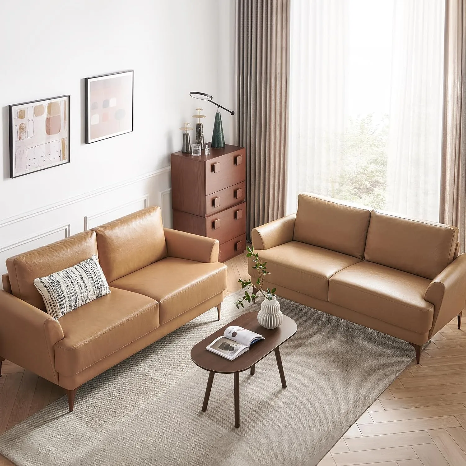 63" Faux Leather Loveseat Sofa, Mid-Century Modern Decor 2 Seater Love Seat Couches, Comfy Armrest Small Couch with Wood Grain Legs for Living Room Apartment, Tan Leather