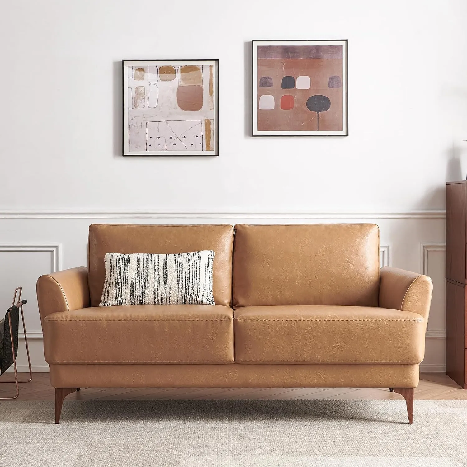 63" Faux Leather Loveseat Sofa, Mid-Century Modern Decor 2 Seater Love Seat Couches, Comfy Armrest Small Couch with Wood Grain Legs for Living Room Apartment, Tan Leather