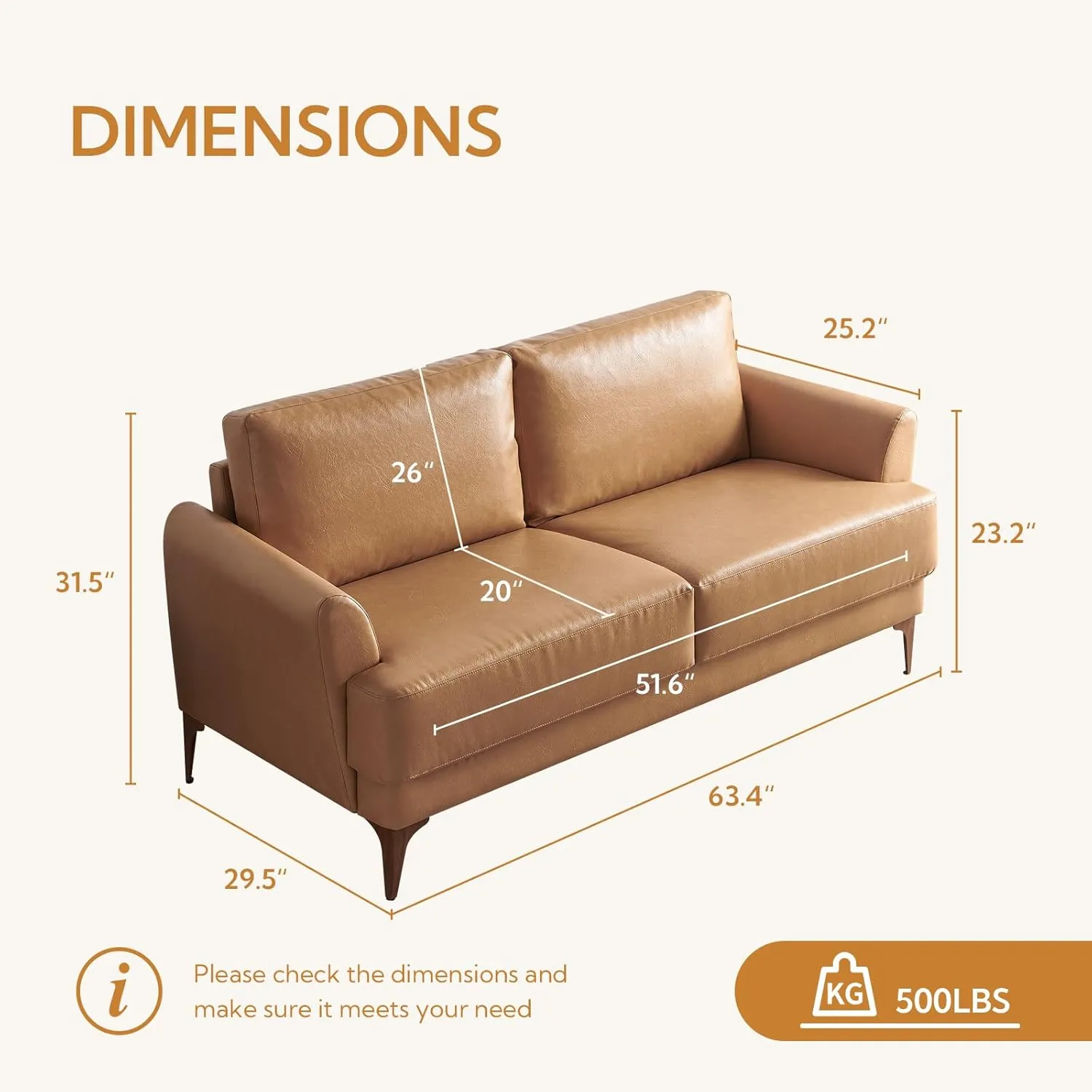 63" Faux Leather Loveseat Sofa, Mid-Century Modern Decor 2 Seater Love Seat Couches, Comfy Armrest Small Couch with Wood Grain Legs for Living Room Apartment, Tan Leather