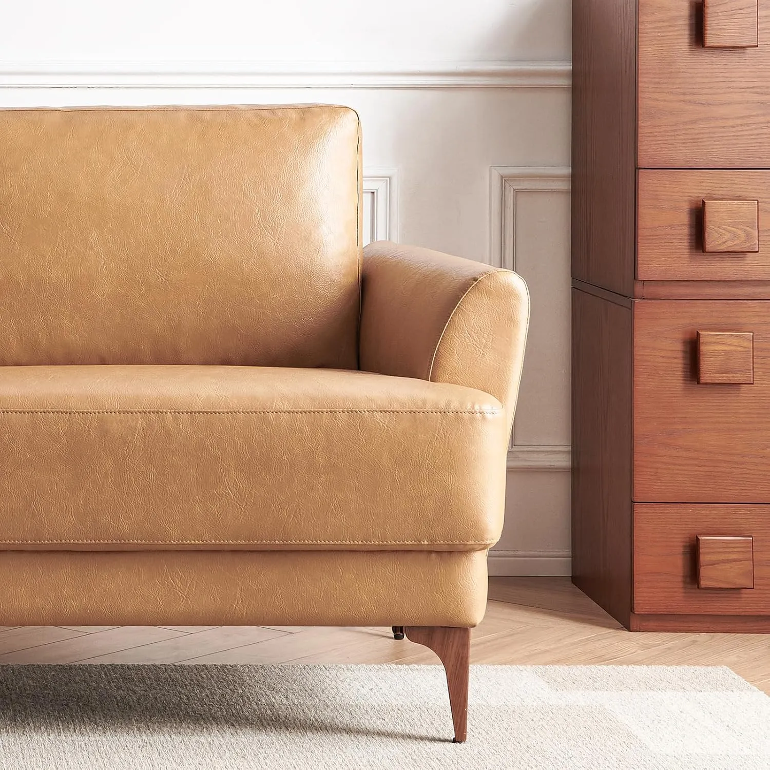 63" Faux Leather Loveseat Sofa, Mid-Century Modern Decor 2 Seater Love Seat Couches, Comfy Armrest Small Couch with Wood Grain Legs for Living Room Apartment, Tan Leather