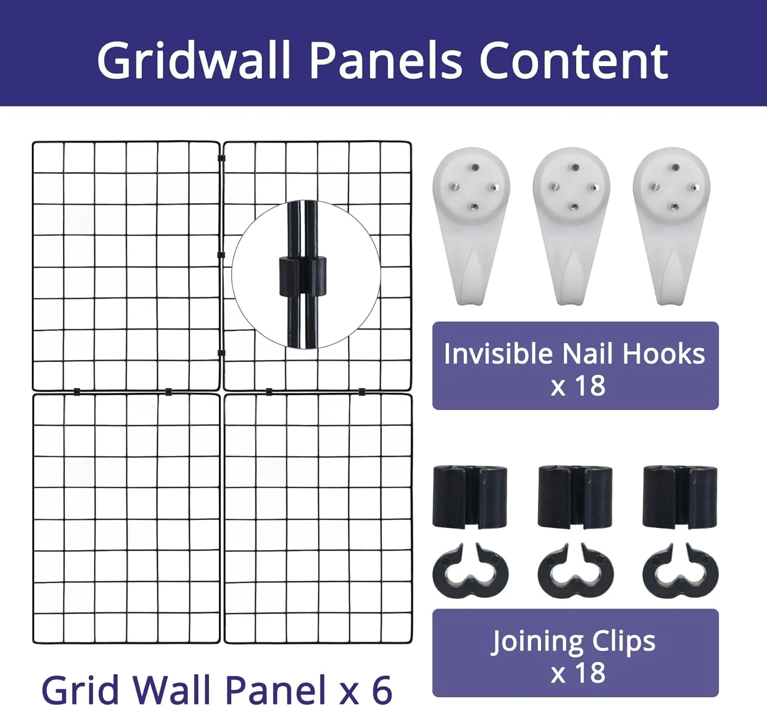6pack Grid Wall Panels 15.7"x 11.8" for Any Retail Display, Portable and Assembled, Wall Grid with Extra Joining Clips and Hooks, Black