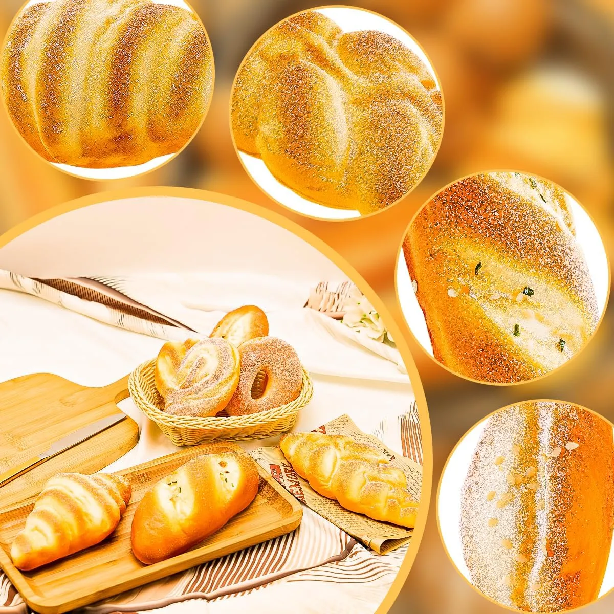 6pcs Artificial Bread Decoration Fake Bread Donut Baguette Croissant Display Models Realistic French Loaf Sesame Coconut Pastry Rolls Bakery Props for Home Kitchen Decor Restaurant Display