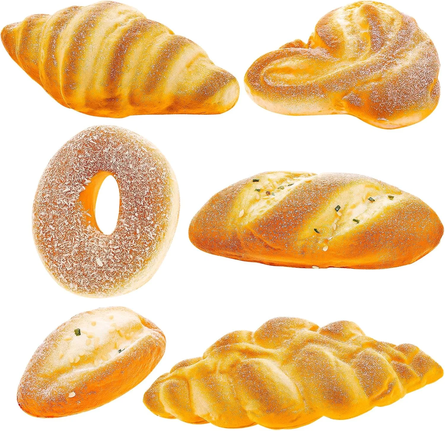 6pcs Artificial Bread Decoration Fake Bread Donut Baguette Croissant Display Models Realistic French Loaf Sesame Coconut Pastry Rolls Bakery Props for Home Kitchen Decor Restaurant Display