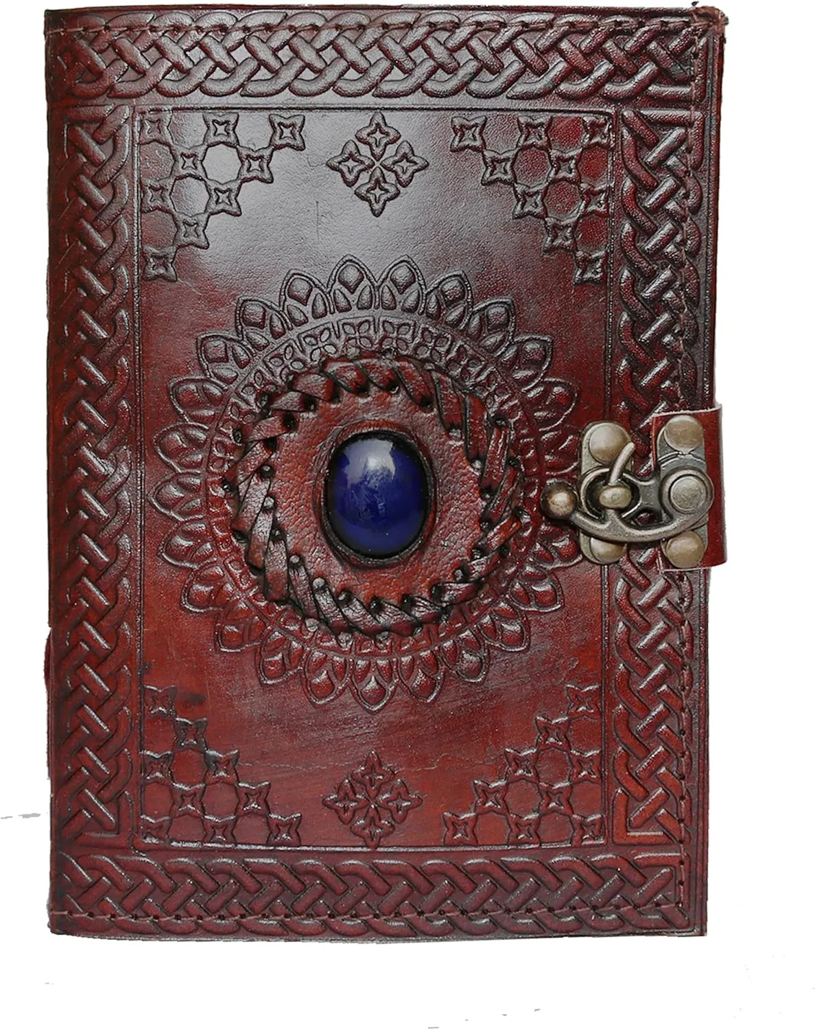 7" Leather Journal with clasp & stone Writing Pad Blank Notebook Handmade Notepad For Men & Women Unlined Paper Best Present Sketchbook Travel Diary To Write Book Of Shadows Refillable Grimoire Large