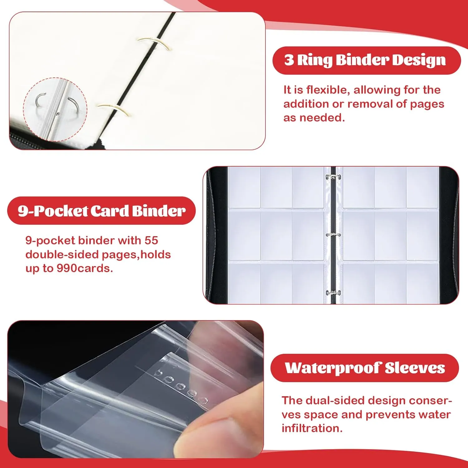 9-Pocket Trading Card Binder – Holds 900 Cards with 50 Removable Sleeves, Waterproof Card Holder Album for Standard Size Cards, Portable Collector Storage & Display Case